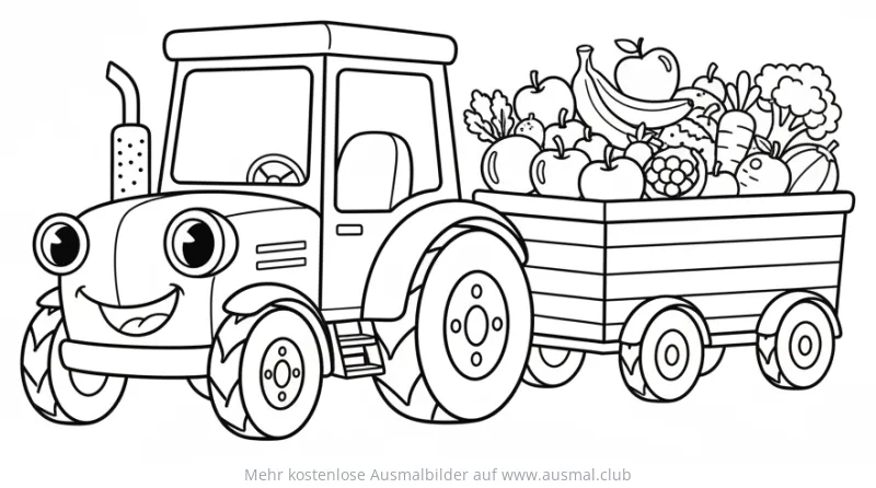 Traktor mit freundlichem Gesicht und Anhänger voller Obst und Gemüse Ausmalbild