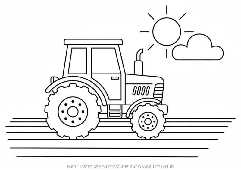 Traktor Ausmalbild auf einem Feld mit Sonne und Wolke