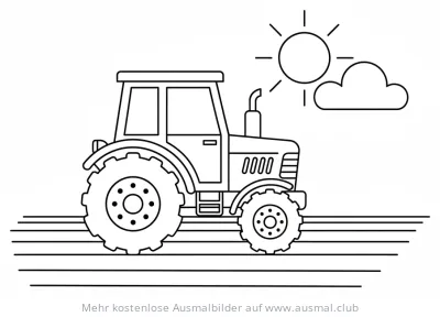 Traktor Ausmalbild auf einem Feld mit Sonne und Wolke