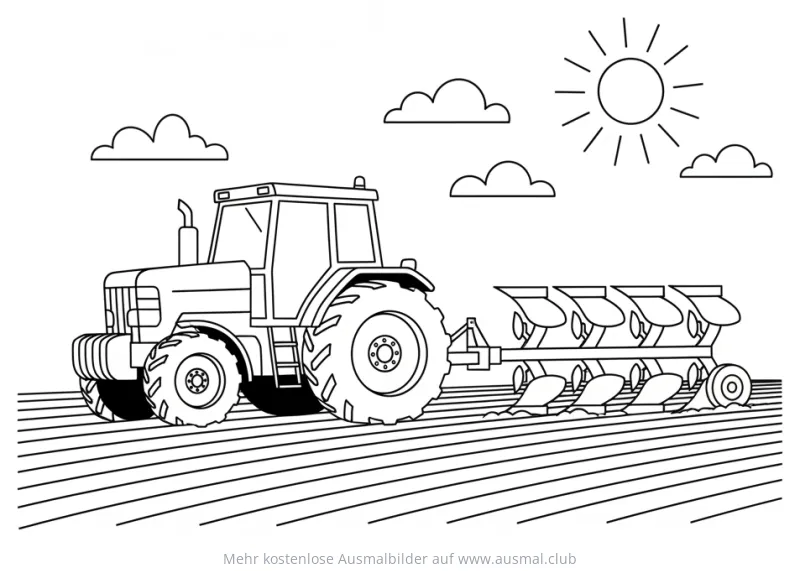 Traktor mit Pflug auf Acker Ausmalbild