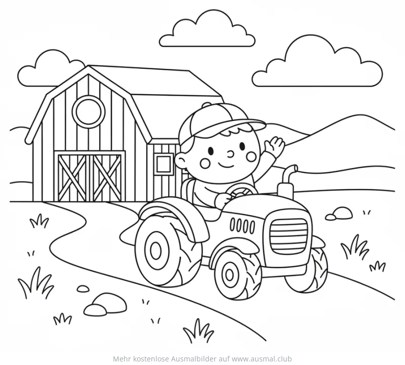 Traktor mit Fahrer vor Scheune Ausmalbild