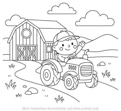 Traktor mit Fahrer vor Scheune Ausmalbild