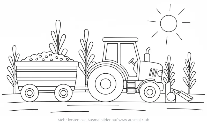 Traktor mit Anhänger voller Erntegut Ausmalbild