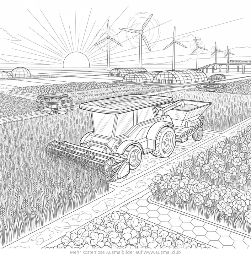 Zukunfts-Traktor mit Drohnen und Windrädern Ausmalbild