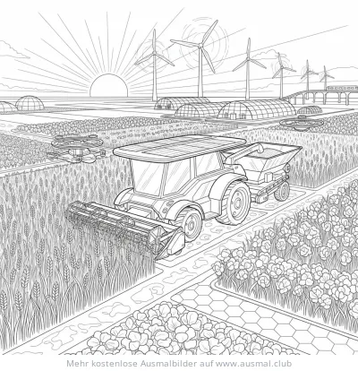 Zukunfts-Traktor mit Drohnen und Windrädern Ausmalbild