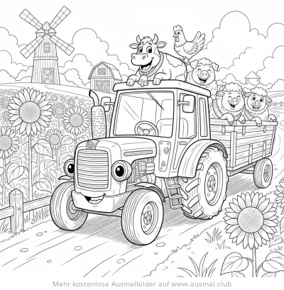 Traktor mit Kuh, Huhn und Schafen Ausmalbild