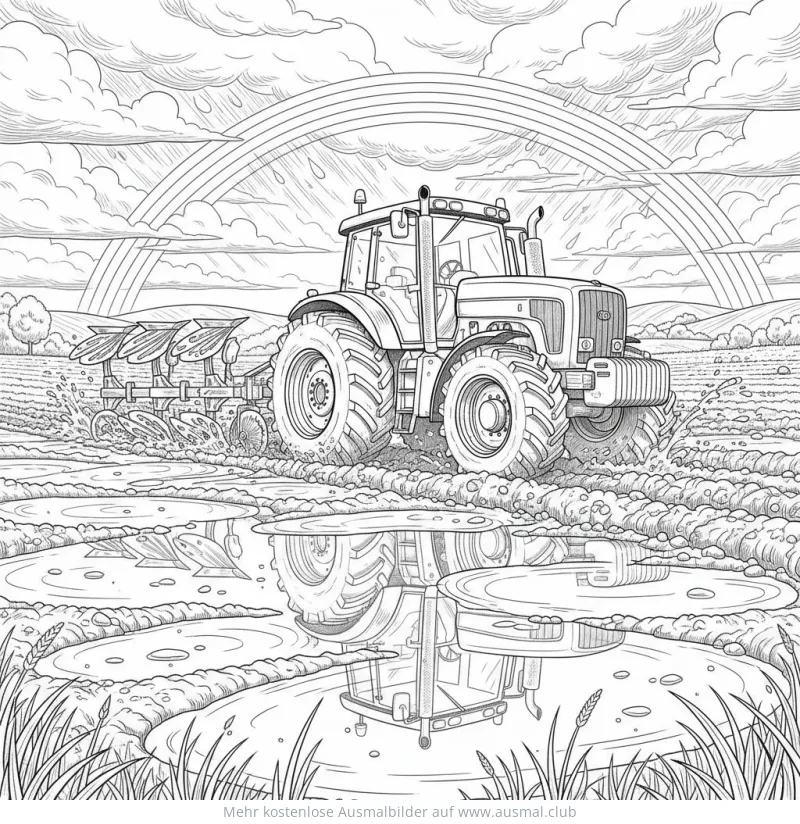 Traktor beim Pflügen auf dem Acker unter einem Regenbogen Ausmalbild