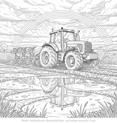 Traktor beim Pflügen auf dem Acker unter einem Regenbogen Ausmalbild