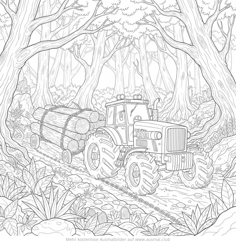 Holzfäller Traktor mit Baumstämmen im Wald Ausmalbild