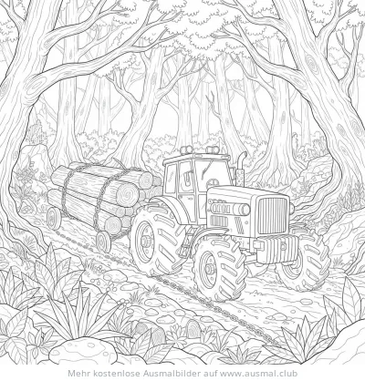Holzfäller Traktor mit Baumstämmen im Wald Ausmalbild