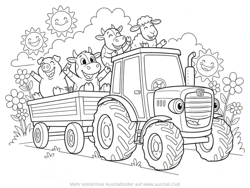 Traktor mit lachenden Tieren (Kühe, Schaf, Schwein) Ausmalbild