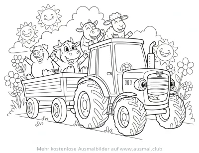 Traktor mit lachenden Tieren (Kühe, Schaf, Schwein) Ausmalbild