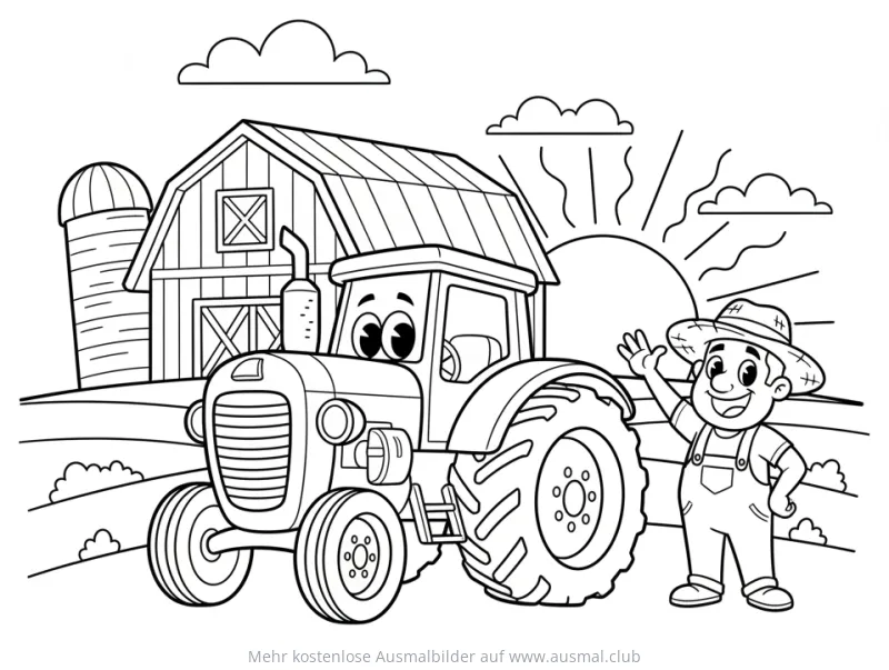 Traktor mit freundlichem Bauer und Scheune Ausmalbild