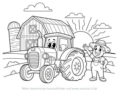 Traktor mit freundlichem Bauer und Scheune Ausmalbild