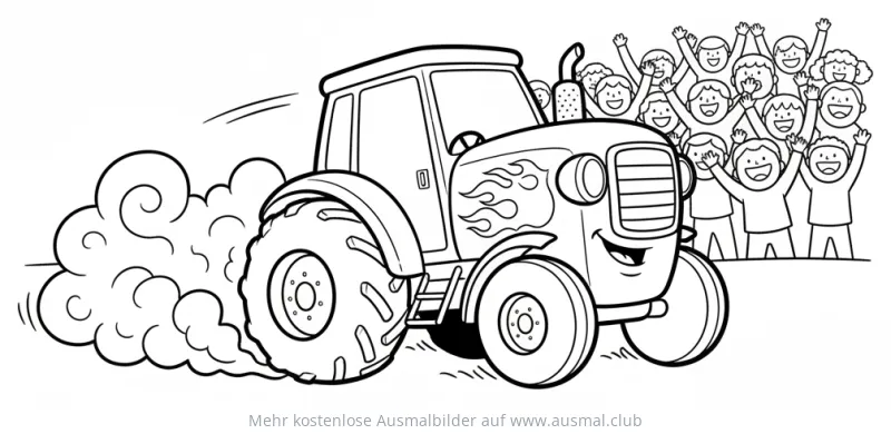 Traktor mit Flammen und jubelnder Menge Ausmalbild