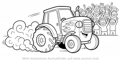 Traktor mit Flammen und jubelnder Menge Ausmalbild