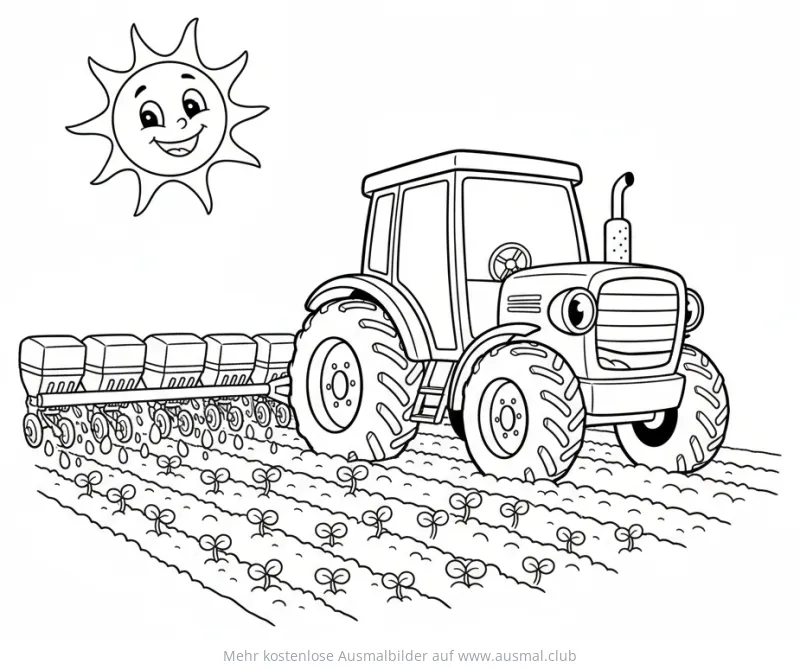 Traktor beim Säen auf dem Feld Ausmalbild