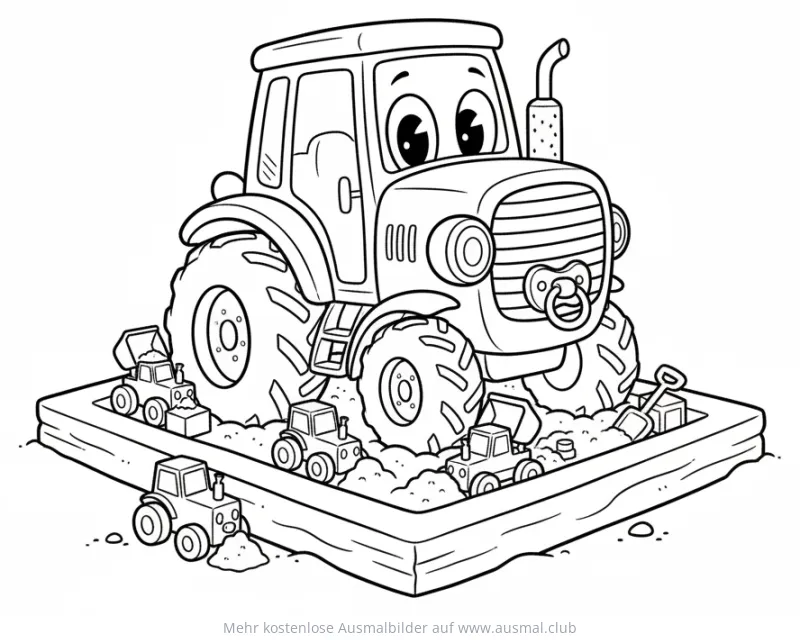 Niedlicher Baby Traktor mit Schnuller auf Sandkasten Ausmalbild