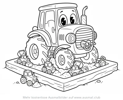 Niedlicher Baby Traktor mit Schnuller auf Sandkasten Ausmalbild