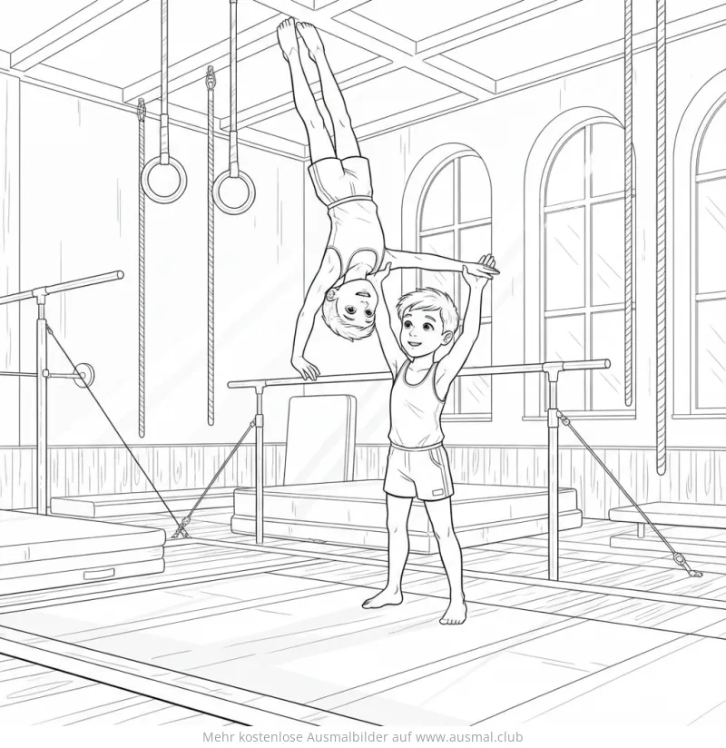 Zwei Turner zeigen Akrobatik-Übung Ausmalbild