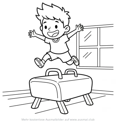 Junge springt über Pauschenpferd Ausmalbild