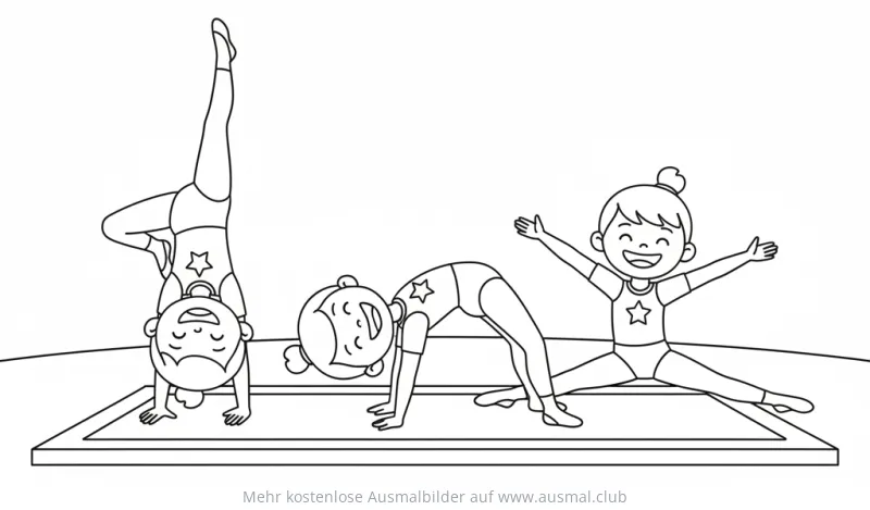 Turnen Ausmalbild: Gruppe von Mädchen in verschiedenen Posen