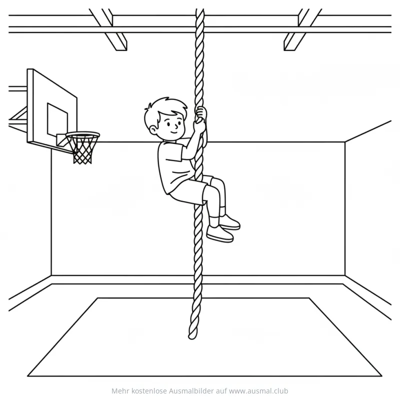 Junge klettert an einem Seil in der Turnhalle Ausmalbild