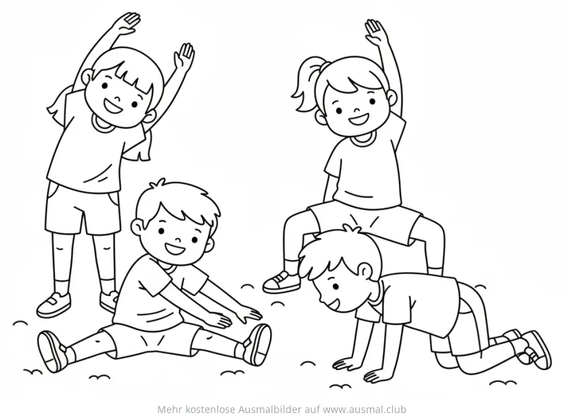 Kinder machen Dehnübungen Ausmalbild