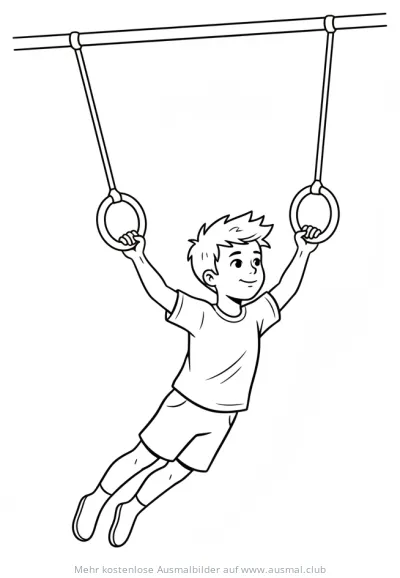 Junge schwingt an Turnringen Ausmalbild