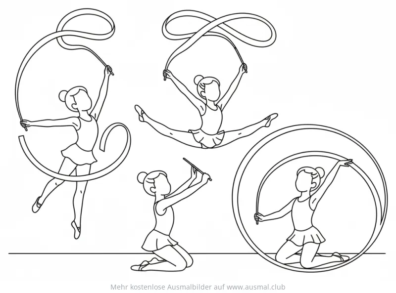 Bandgymnastik Ausmalbild mit verschiedenen Gymnastinnen