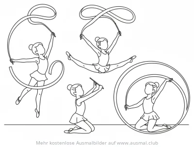 Bandgymnastik Ausmalbild mit verschiedenen Gymnastinnen