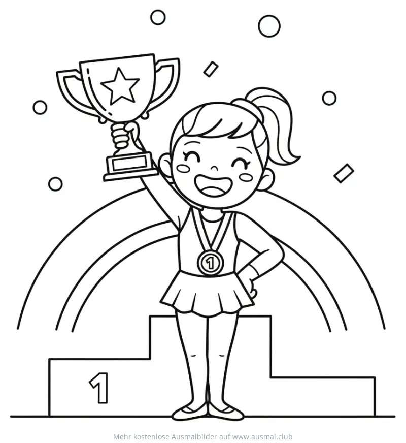 Turnerin mit Pokal auf Siegertreppchen Ausmalbild