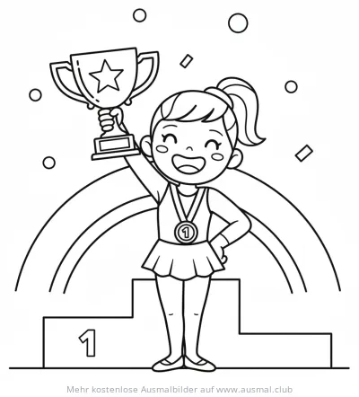Turnerin mit Pokal auf Siegertreppchen Ausmalbild