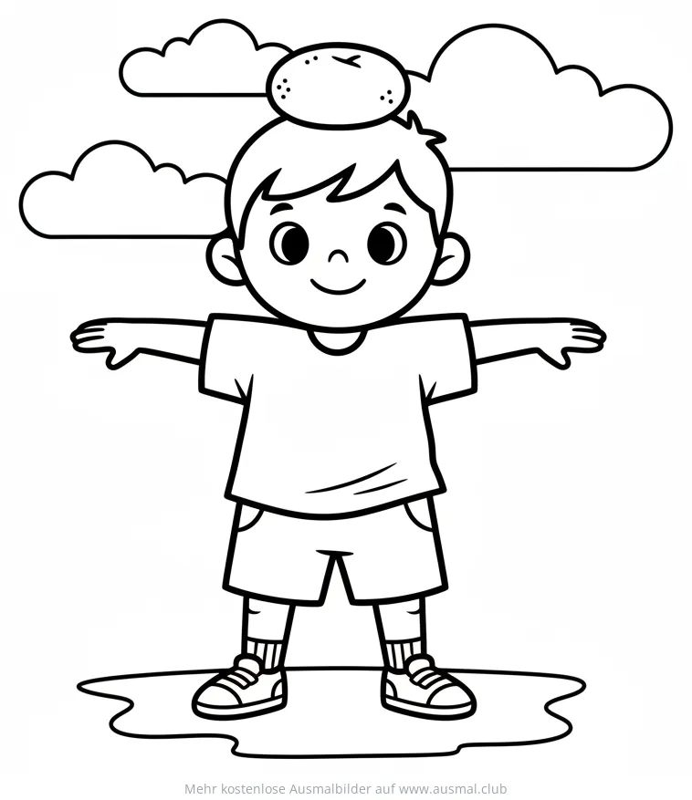 Junge balanciert Säckchen auf dem Kopf Ausmalbild