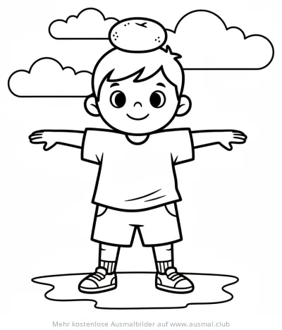 Junge balanciert Säckchen auf dem Kopf Ausmalbild