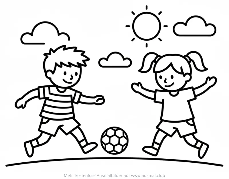Junge und Mädchen spielen Fußball Ausmalbild