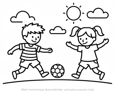 Junge und Mädchen spielen Fußball Ausmalbild