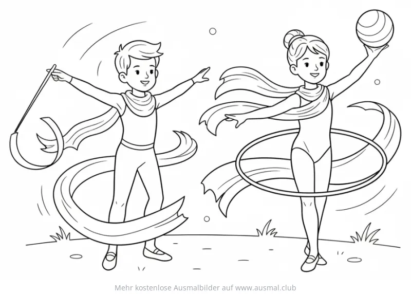 Kinder beim Turnen mit Band, Reifen und Ball Ausmalbild