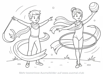 Kinder beim Turnen mit Band, Reifen und Ball Ausmalbild