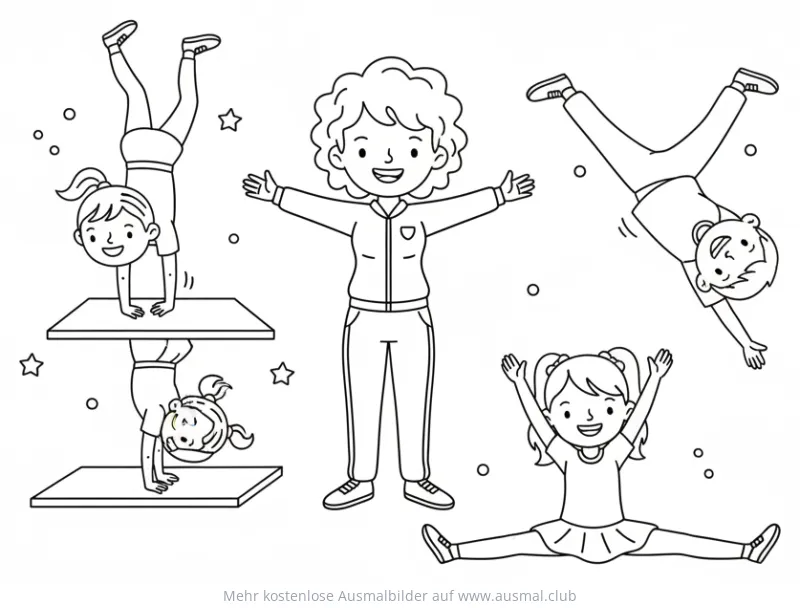 Kinder beim Turnen mit Trainer Ausmalbild