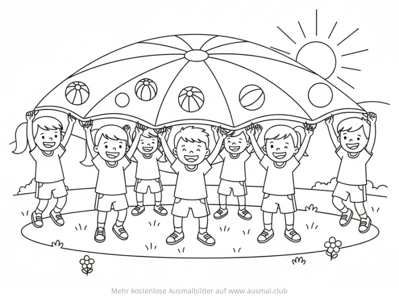Kinder spielen mit Fallschirm Ausmalbild