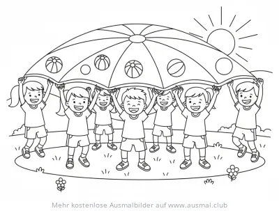 Kinder spielen mit Fallschirm Ausmalbild