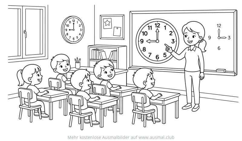 Klassenzimmer mit Lehrerin und Uhren Ausmalbild