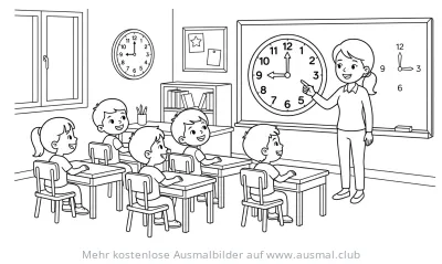 Klassenzimmer mit Lehrerin und Uhren Ausmalbild