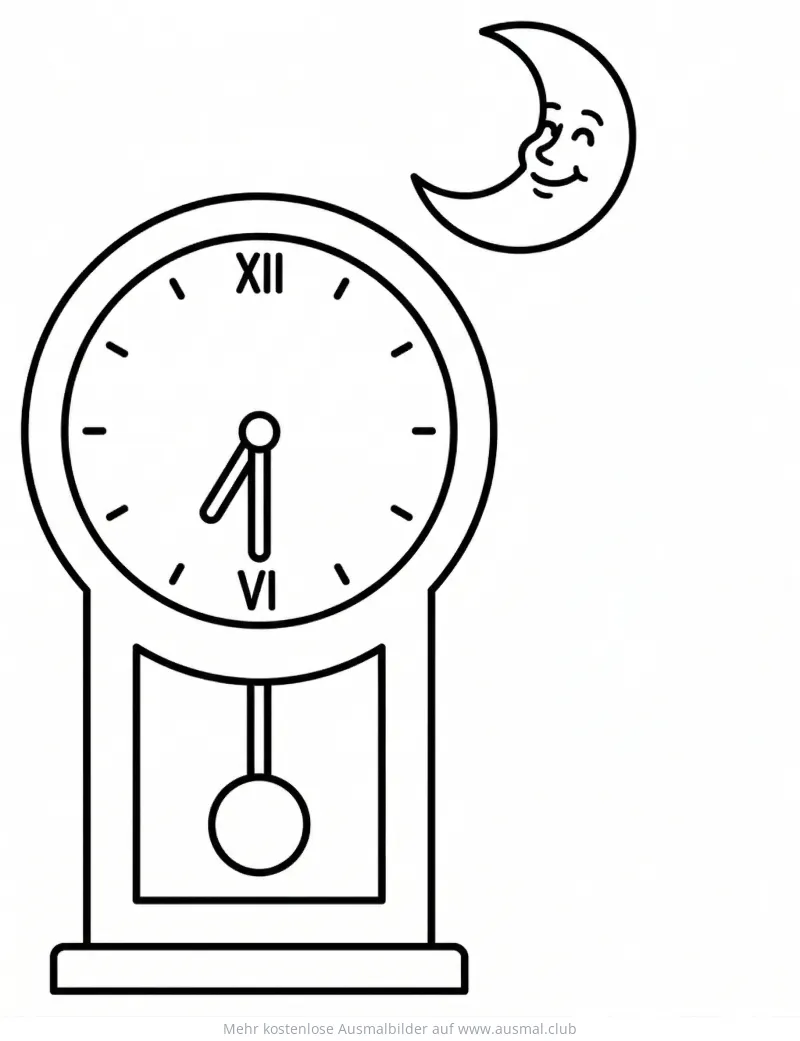 Standuhr Halb Sieben Ausmalbild mit Mondsichel