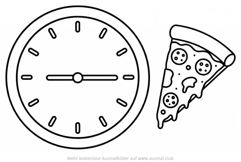 Uhr mit Viertel vor Zehn und Pizza Ausmalbild