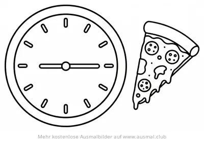Uhr mit Viertel vor Zehn und Pizza Ausmalbild