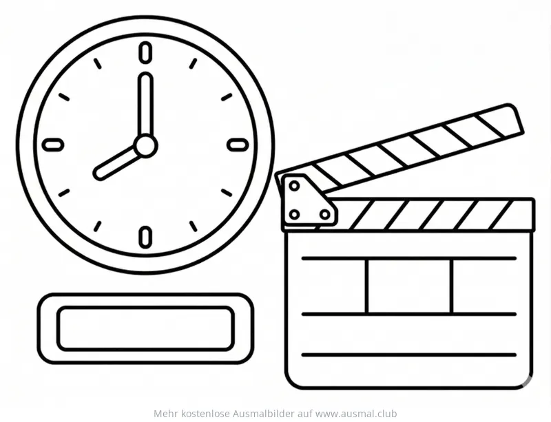 Uhr mit Zeiger auf 20 Uhr und Filmklappe Ausmalbild