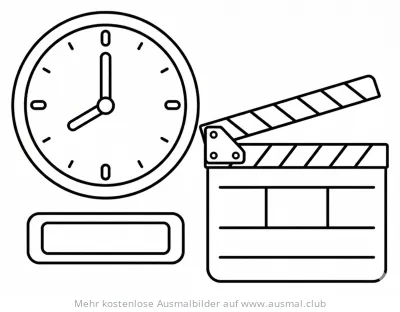 Uhr mit Zeiger auf 20 Uhr und Filmklappe Ausmalbild