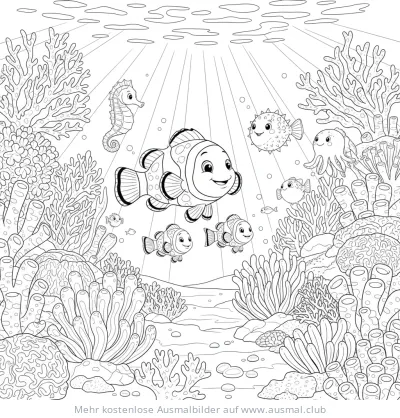 Clownfisch Ausmalbild mit Seepferdchen, Tintenfisch und Korallen